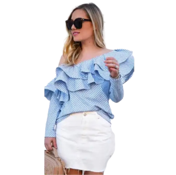 Blue stripe top with off-the-shoulder ruffles - Picture 2 of 8